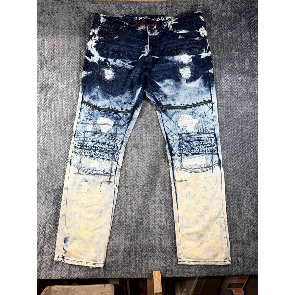 Denim House Straight Jeans Mens 40 Blue Cotton Bleach-Wash Distressed Mid Rise